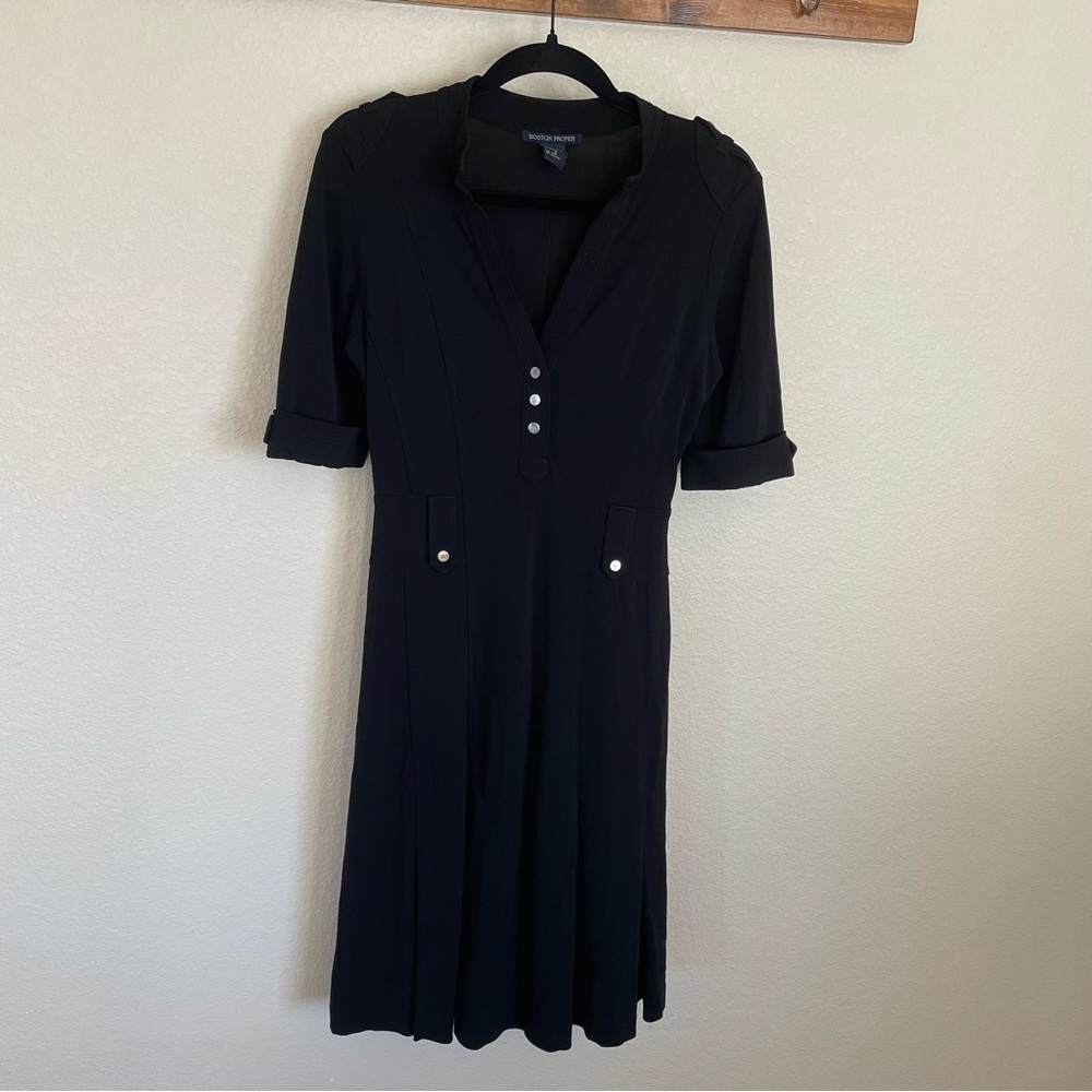 Boston Proper Black Midi Length Shirt Dress 6 Dark Academia With Button Detail